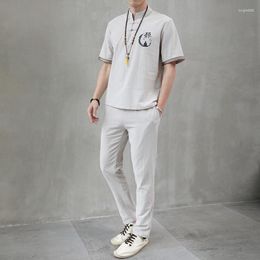 Men's Tracksuits Arrival Cotton And Linen Short Sleeve T-shirt Ankle Length Pant Set Solid Shirt Trousers Home Suits Male Size M-4XL