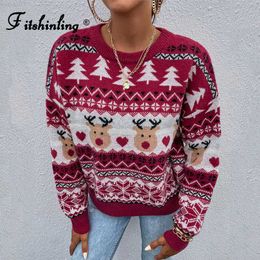 Women's Sweaters Fitshinling 2021 Winter Ugly Sweater Christmas Trees Deer Snowflake Red Jumper Knitwear Fashion Slim Xmas Pull Femme Jersey New L230718