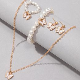 Necklace Earrings Set Fashion Butterfly Pearl Stone 4/Piece Women's Simple Geometric Ring Bracelet Wedding Jewellery