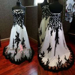 Gorgeous Gothic Black and White Wedding Dresses 2020 Strapless Lace Appliques Corset Custom Made Plus Size Wedding Dress Bridal Go235N