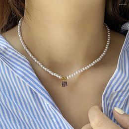 Pendant Necklaces Luxury Square Purple Zircon Imitation Pearl Necklace For Women Collar Stainless Steel Clasp