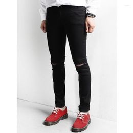 Men's Jeans Korean Plus Size For Slim Pure Black Hole Nine-point Pencil Pants Streetwear Hombre Fashion Jogger Sweatpants Male