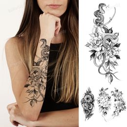 Snake Flower Rose Temporary Tattoo Sticker Peony Waterproof Tattoos Sunflower Armband Body Art Arm Fake Sleeve Tattoo Women Girl