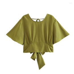 Women's Blouses 2023 Summer Girls Fashion Green Flare Sleeve Short Tops Woman Chic Backless Lacing Crop Female Solid Hollow Out Cropped Top