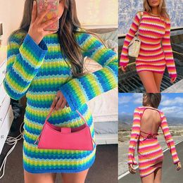 Casual Dresses Women Long Sleeve Striped Beach Vacation Bodycon Mini Dress Streetwear 2023 Summer Clothes Wholesale Items For