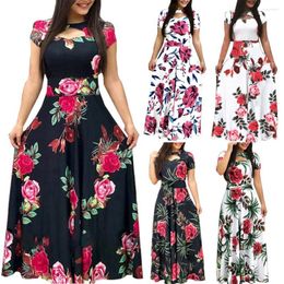 Casual Dresses Women Short Sleeve Floral Print Waist Tight Large Swing Maxi Dress Sundress Cotton O Neck