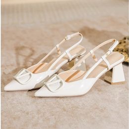 Sandals 2023 Summer shallow mouth V buckle mid heel Baotou sexy sandals pointy thin heels back empty hundred matching women s shoes 230718