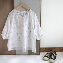 Women's Blouses 122cm Bust / Spring Summer 2023 Women Artistic Mori Kei Girls Leaves Print Loose Comfortable Thin Ramie Shirts/Blouses