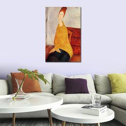 Abstract Portrait Canvas Art Yellow Sweater Amedeo Modigliani Painting Handmade Contemporary Home Decor