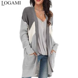 Women's Sweaters LOGAMI Knitted Cardigan V Neck Geometric Colorblock Cardigan Women Long Sleeve Pocket Sweater Long Knitwear L230718