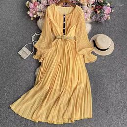 Casual Dresses Clean Colour Patchwork Long Sleeved Women's Dress 2023 Spring And Autumn Fashion Elegant Pleated Female Vestidos Z2159