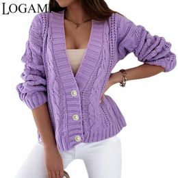 Women's Sweaters LOGAMI Autumn/Winter 2021 New Thick Thread Twisted Button Sweater Cardigan Women Deep V Neck Knit Cardigans L230718