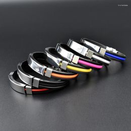 Charm Bracelets Colourful Rubber Stainless Steel For Men Women Teens Black Belt Wristband Male Hand Jewellery Gifts