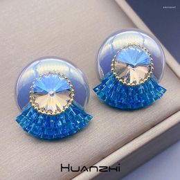 Stud Earrings Sector Tassel Blue Zircon Crystal Laser Resin Colorful Pearl Trend For Women Girl Vintage Party Jewelry HUANZHI