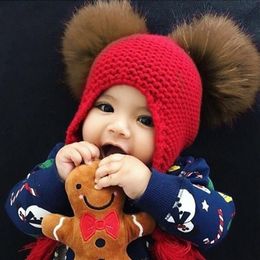 Kids Wool Knit Real Fur Pom Pom Hat Baby Girls Boys Crochet Earflap Winter Hat Beanie Real Raccoon Fur Pompom For Children244N