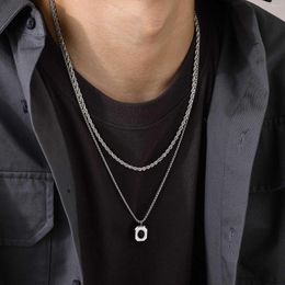 Chains Layered Black Square Necklaces For Men Jewellery Geometric Pendant Stainless Steel Cuban Figaro Wheat Box Chain Casual Collar