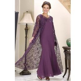 Custom Made Purple Mermaid Mother of the Bride Dresses with Lace Jacket Long Sleeve Ankle Length Formal Gown Chiffon Evening Wear294g