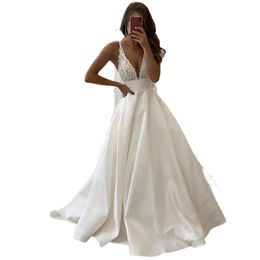 Summer Beach Wedding Dresses Sexy Speghetti Straps Deep V-Neck Bride Dresses Sweep Train Vestidos De Noiva Hot