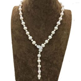 Chains Hand Knotted 56cm Genuine 8-9mm White Freshwater Pearl Small Space Necklace Leaves Clasp Fashion Jewelry