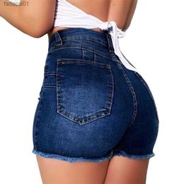 2022 Summer New Grey Blue High Waist Ripped Denim Shorts For Women Fashion Slim Stretch Sexy Skinny Jeans Shorts S3XL Drop Ship L230621