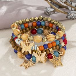 Fashion Multi-Layer Wooden Beaded Bracelet Women Boho Jewelry Retro Gold Color Butterfly Stone Beads Elastic Bracelet Jewelry