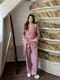 Women's Two Piece Pants Lnsozkdg Women Casual Business Blazer Pantsuit Vintage Fashion Korean Suit Jackets Straight 2 Pieces Female Trousers