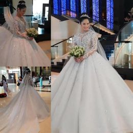 Luxurious Muslim Ball Gown Wedding Dresses Jewel Neck Lace Appliques Beads Sequins Long Sleeves Cathedral Train Arabic Formal Brid230f