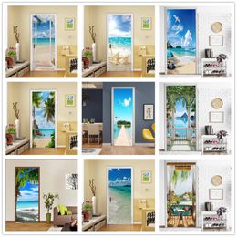 Wall Stickers Beach Sun Selfadhesive Door Wallpaper 3D PVC Home Design Decoration Sticker Porte Scenery Poster Mural Decals deursticker 230717