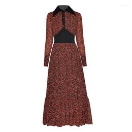 Casual Dresses Turn-Down Collar Front Buttons Closure Long Sleeve Empire -Length Red Floral Elegant Fashion Dress