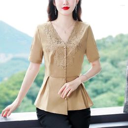 Women's Blouses S-4XL Elegant Fashion Embroidered Shirt V-Neck Ruffles Tops Short Sleeve Slim Summer Lace Blouse