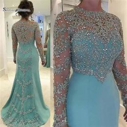 2019 Mint Green Vintage Sheath Prom Dresses Long Sleeve Beads Long Sleeves Appliqued Evening Party Gown222o