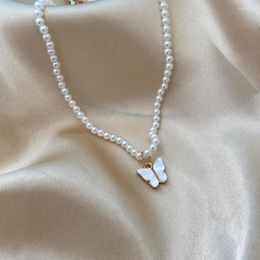 Choker Elegant Imitation Pearl Beaded Necklace Women Fashion Blue Butterfly Pendant Jewellery