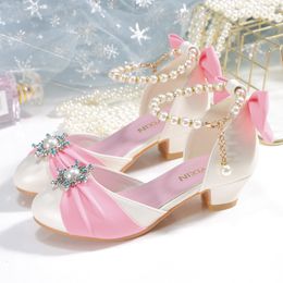 Sandals Kids Leather Shoes for Girls Knot Banquet Party Children High Heel Shoe for Kids Girls Sandals Student Crystal Princess Shoes 230718
