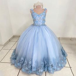 Sky Blue O-Neck Flower Girls Dress For Wedding 2024 Appliques Lace Crystal Ball Gowns Child Dress First Communion Photoshoot