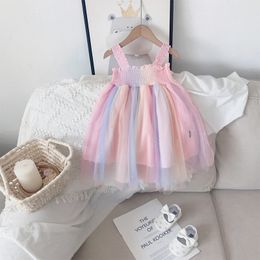 Midi Sleeveless Princess Dress For Girls Rainbow Tulle Mesh Korean Toddler Children's Clothing Summer Outfits From 2 To 7 Years