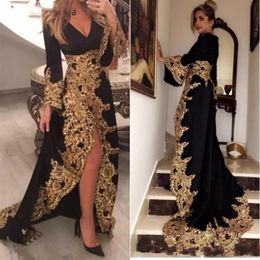 Kaftan Dubai Style Muslim Evening Dresses Long Sleeves Black Velour Gold Appliques Ladies Formal Prom Gowns Abiye Gece Elbisesi304F