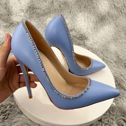 Dress Shoes Spring Autumn Women Pointed Sky Blue Shiny Diamond 8cm 10cm 12cm Thin High Heels Sexy Office Work Stiletto Pumps