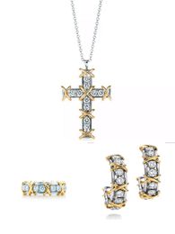 Goldkreuz Designer Schmucksets 16 Diamanten Ring Set für Mode Frauen Armband Ohrringe Halskette Valentinstag Hochzeitsblau Geschenkbox T T.