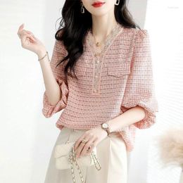 Women's Blouses Female Clothing Sweet Lace Patchwork Shirt 2023 Spring Summer 3/4 Sleeve Fashion Plaid V-Neck Button Korean Commute Loose