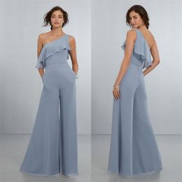 Fashion Jumpsuit Bridesmaid Dresses Ruffled One Shoulder Wedding Guest Dress Floor Length Chiffon Pant Suits Plus Size Maid Of Hon235A