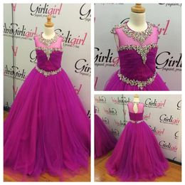 2021 Beautiful Purple Girls Pageant Dresses with Crew Neck and Crystals Details Real Po Rhinestones Pleated Tulle Girls Prom Go260M