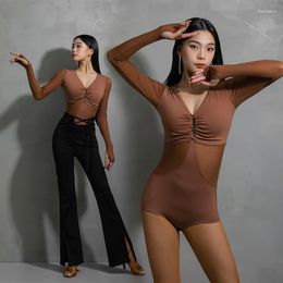 Stage Wear Women Sexy Latin Dance Tops V Neck Long Sleeves Leotard Gymnastics Clothes Cha Rumba Costume Ballroom Clothing