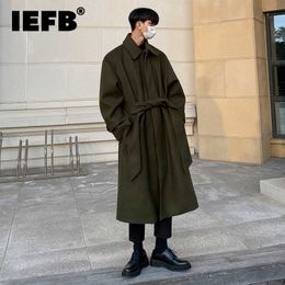 Men's Wool Blends IEFB Tweed Overcoat Men's Autumn Winter Long Coat Loose Knee-length New Korean British Thickened Belted Woollen Jacket D1221 HKD230718