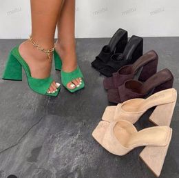 Sandals Women 2023 High Heels Shoes Slippers Sandalias Mujer SQUARE Toe Designer Pumps Fuchsia Patent Satin Devon Mules 11.5CM