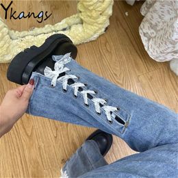 Women's Jeans Back Lace Bandage High Waist Slim Flared Black Blue Skinny Stretchy Women Denim Pant Harajuku Boots Cut Trouser Streetwear 230718