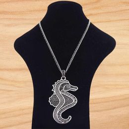 Pendant Necklaces Tibetan Silver Large Hollow Open Sea Horse Hippocampus Seahorse Necklace Length Long Jewellery Choker Link Chain 34"