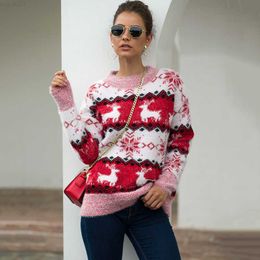 Women's Sweaters Women's Christmas Sweater Autumn Winter Round Neck Fashion Hoiliday Knitted Pullover Shirts Snowflake Reindeers Jumpers L230718