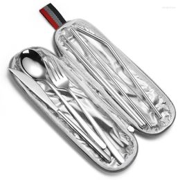 Dinnerware Sets Portable Stainless Steel Cutlery Set Travel Camping Dinner Fork Knife Spoons Utensils With Straw Bag