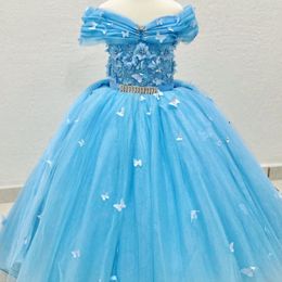 Luxury Sky Blue Shiny Flower Girls Dress For Wedding Bow Appliques Crystal Ball Gowns Cute Child Dress vestidos para ninas