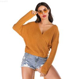 Women's Sweaters Women's V-Neck Sweater Autumn Winter Ladies Long Sleeve Fashion Sexy Cross Neck Knitted Shirts Female Deep V Pullover Tops L230718